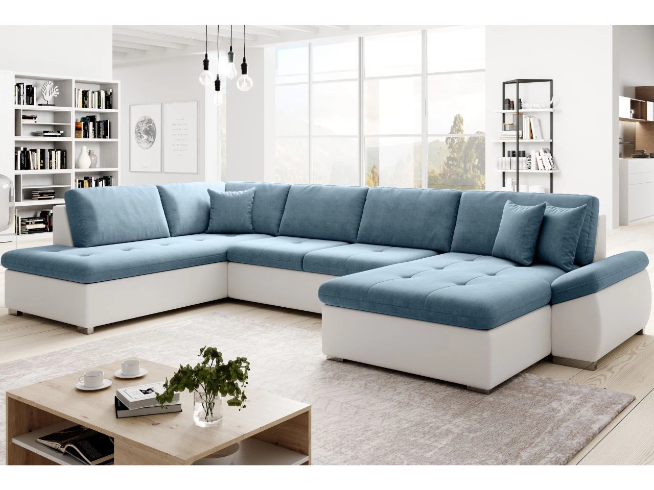 Wohnlandschaft mit Schlaffunktion Links Moni U Blau Weiß