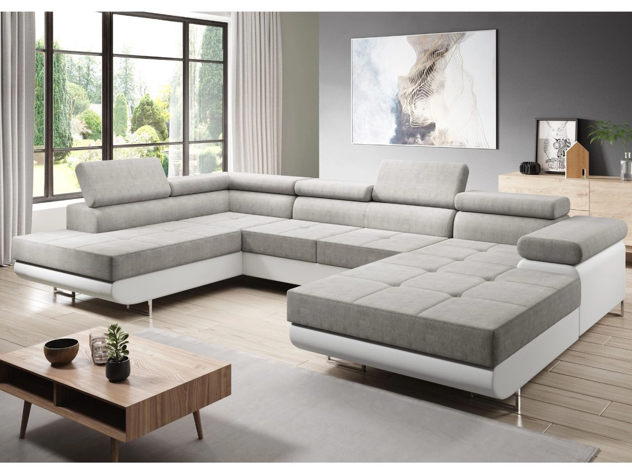 Wohnlandschaft Links mit Schlaffunktion und Bettkasten Solam U Hellgrau, Weiß