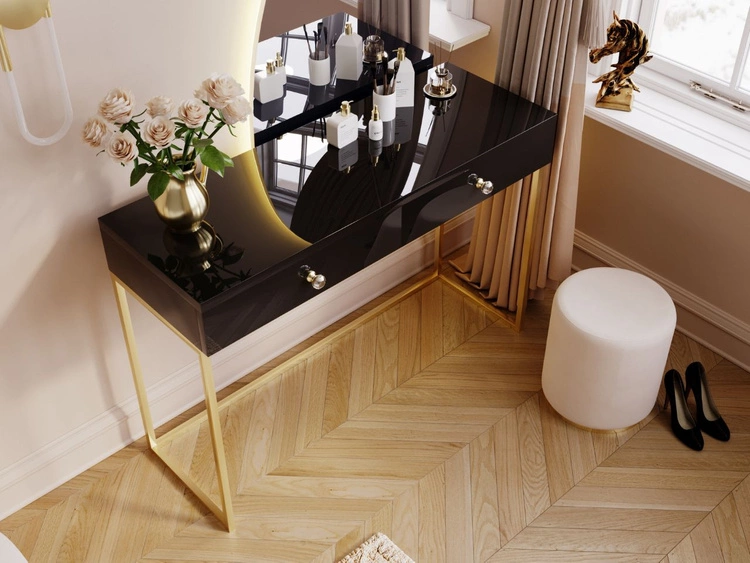 Schminktisch mit Schubladen Belleza Schwarz Hochglanz Gold Frame