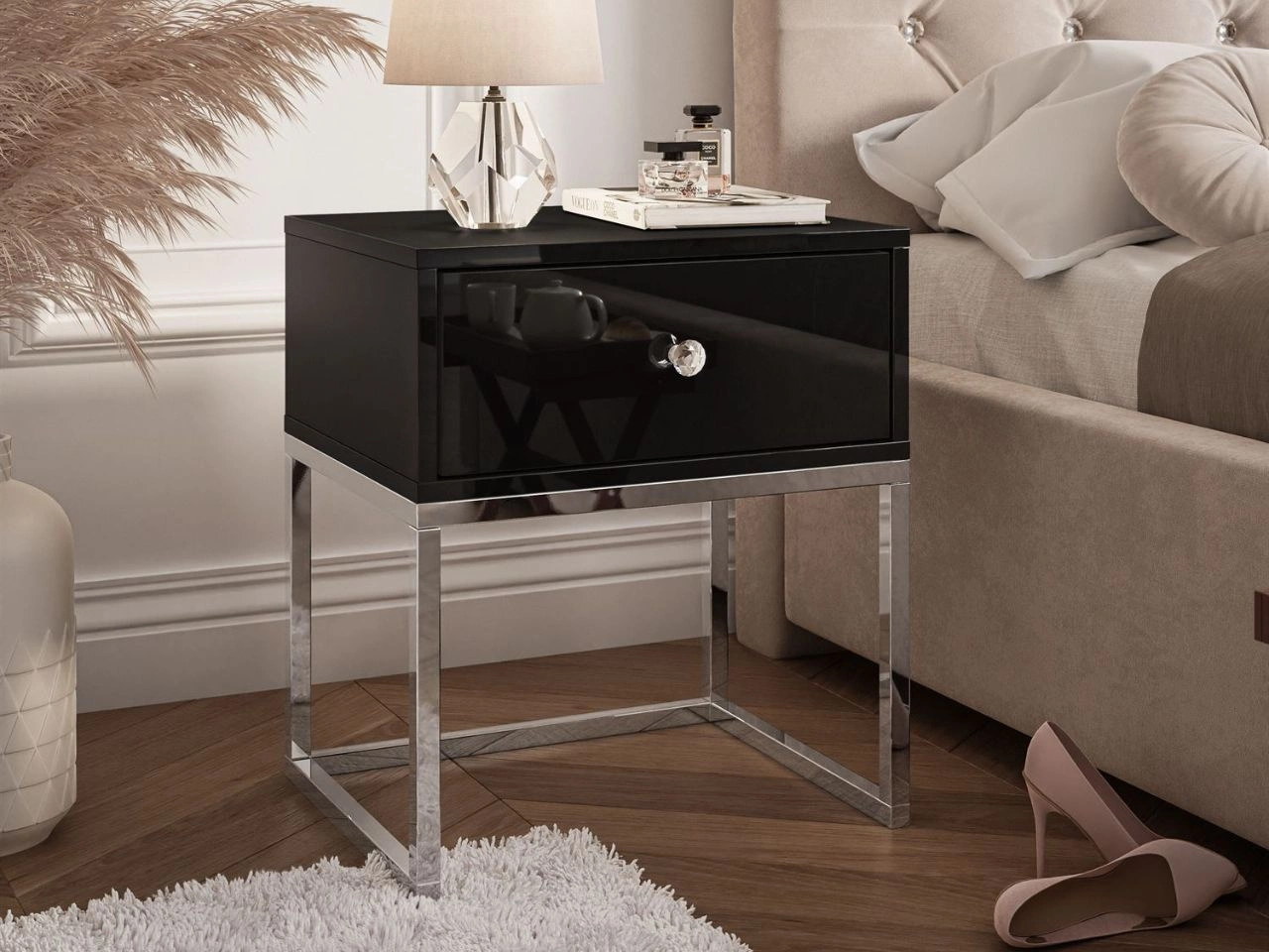 Nachttisch Glamour mit Schublade und silbernen Gestell Brisa Schwarz Hochglanz