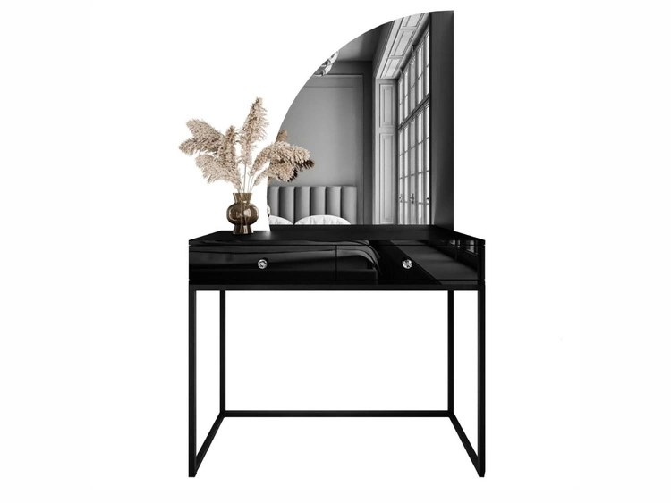 Kosmetiktisch linksseitig mit Schubladen und LED-Beleuchtung auf schwarzen Beinen Clarette Schwarz Hochglanz