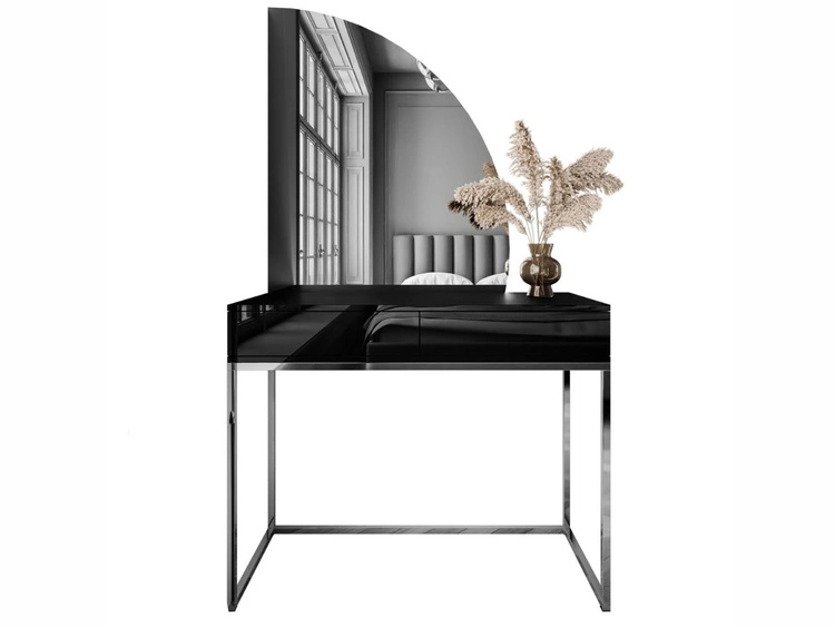 Kosmetiktisch rechtsseitig mit Schubladen und LED-Beleuchtung auf silbernen Beinen Clarette Schwarz Hochglanz