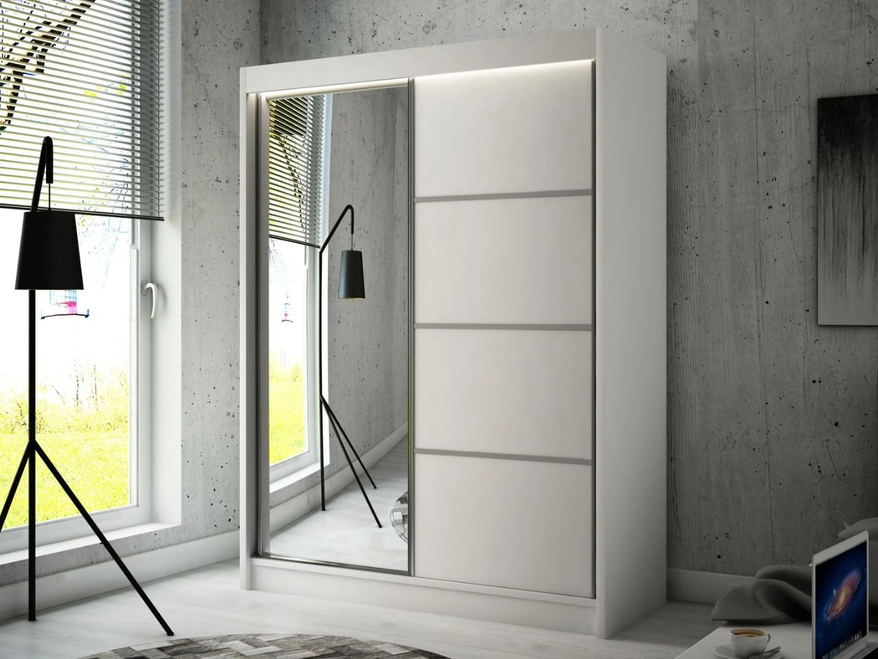 Schiebetürenschrank mit Spiegel 150 cm mit LED-Beleuchtung Portel Weiß