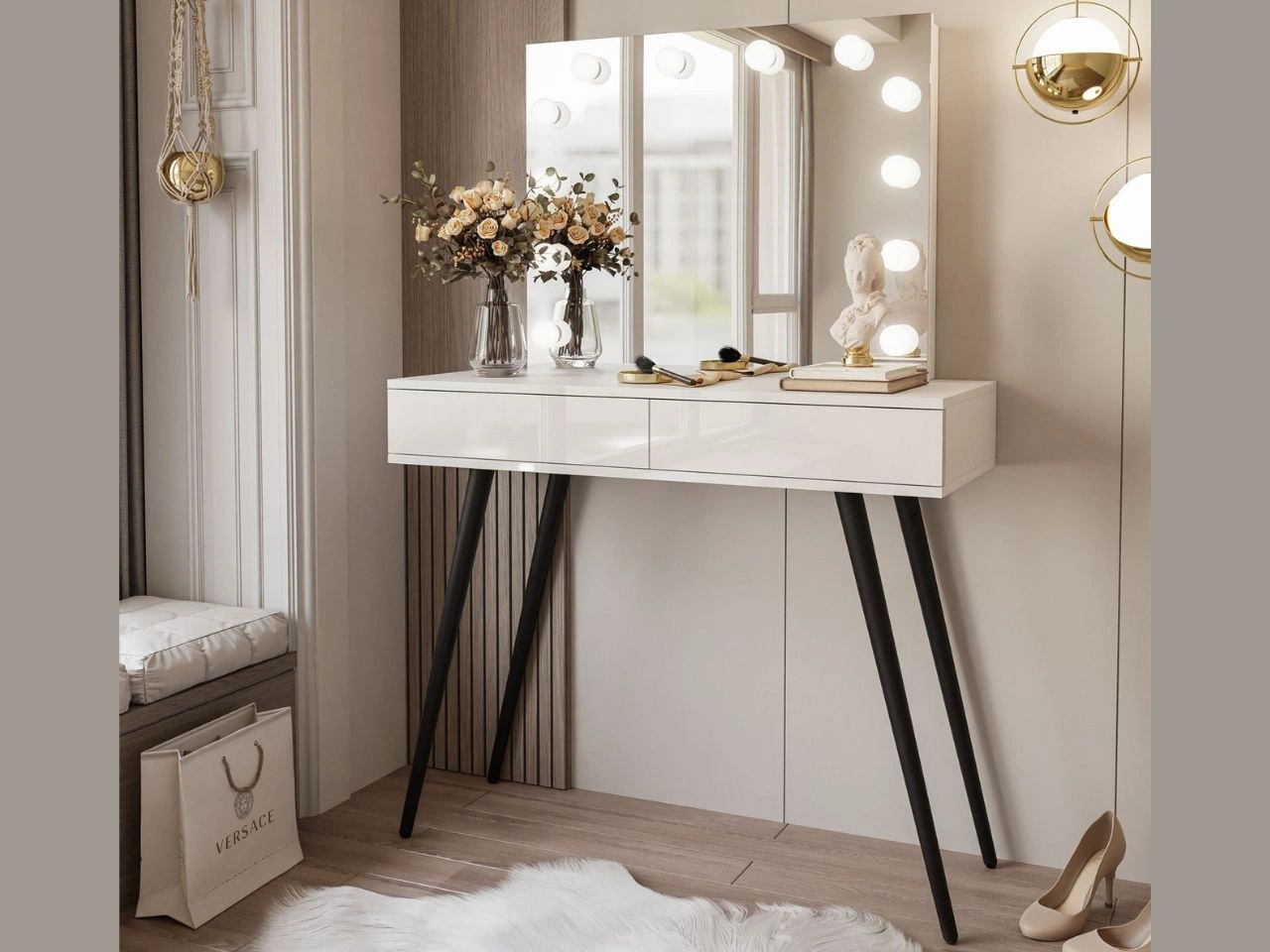 Schminktisch im Glamour-Stil mit schwarzen Beinen, Spiegel und LED-Beleuchtung Olivine Elite Weiß Hochglanz