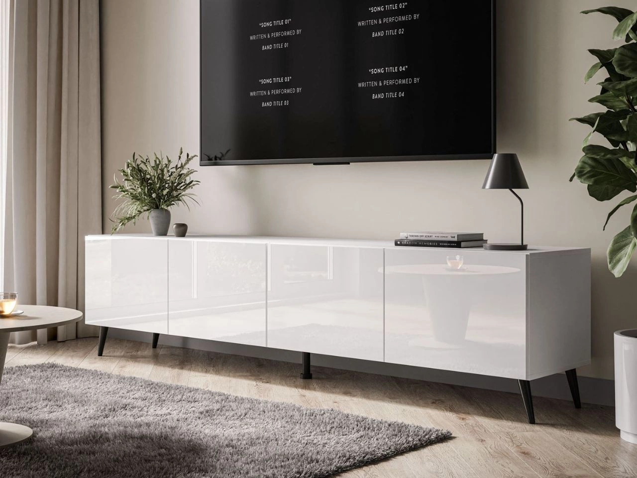 TV-Lowboard mit Türen auf Schwarzen Metallbeinen 200 cm Nodoo Weiß Hochglanz