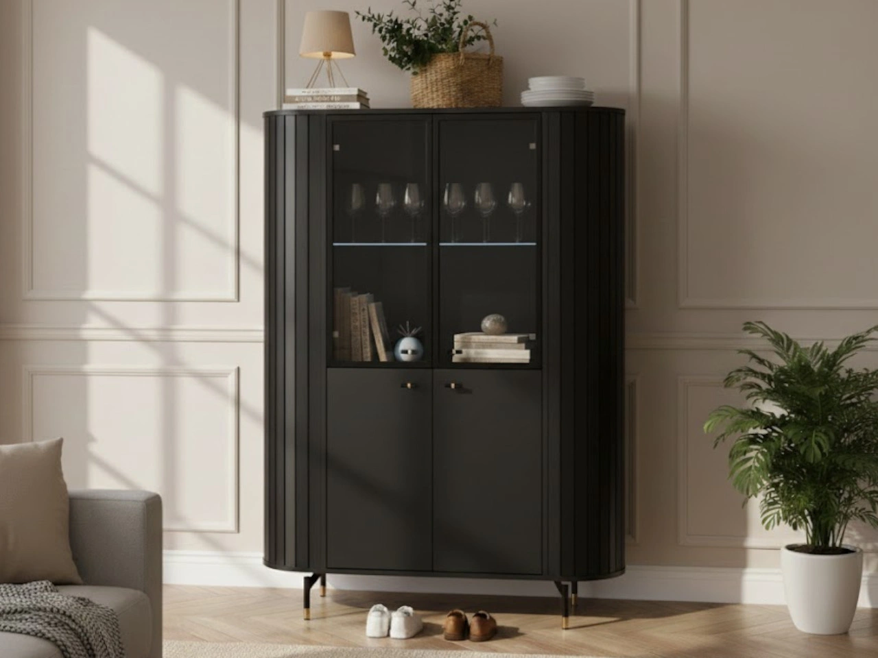 Standvitrine mit LED-Beleuchtung Soria Schwarz mat