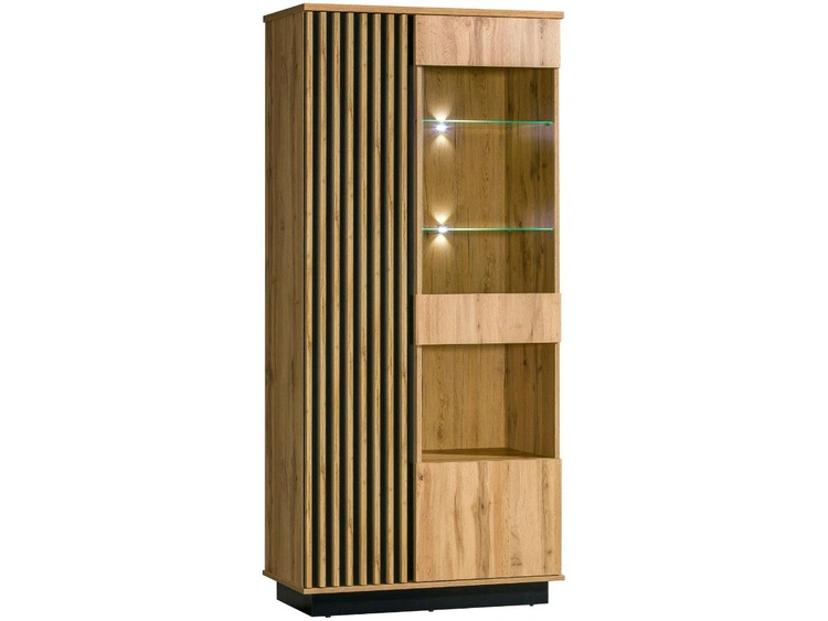 Zweitüriger Standvitrinenschrank mit LED-Beleuchtung Lavore Wotan Eiche, Schwarz matt
