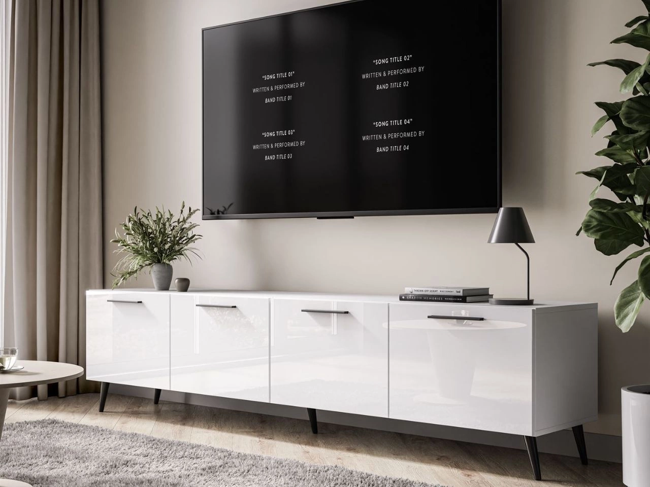 TV-Lowboard mit Türen auf Schwarzen Metallbeinen 200 cm Noaé Weiß Hochglanz