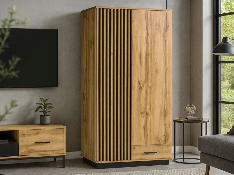 Set industriell anmutender Möbel für den Raum Lavore Wotan Eiche, Schwarz matt