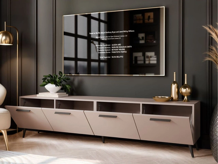 TV-Lowboard mit Türen und LED-Beleuchtung auf Schwarzen Metallbeinen 200 cm Noaé Kaschmir