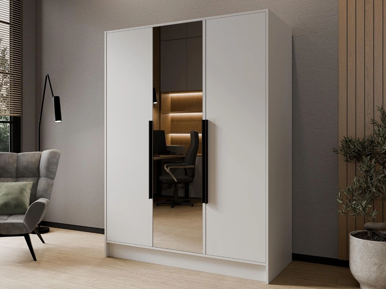 Kleiderschrank mit Spiegel 150 cm Lucca Weiß mit schwarzen Griffen