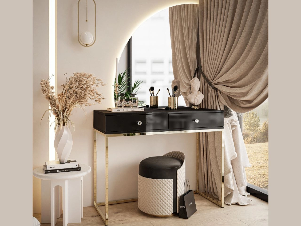 Kosmetiktisch linksseitig mit Schubladen und LED-Beleuchtung auf goldenen Beinen Clarette Schwarz Hochglanz