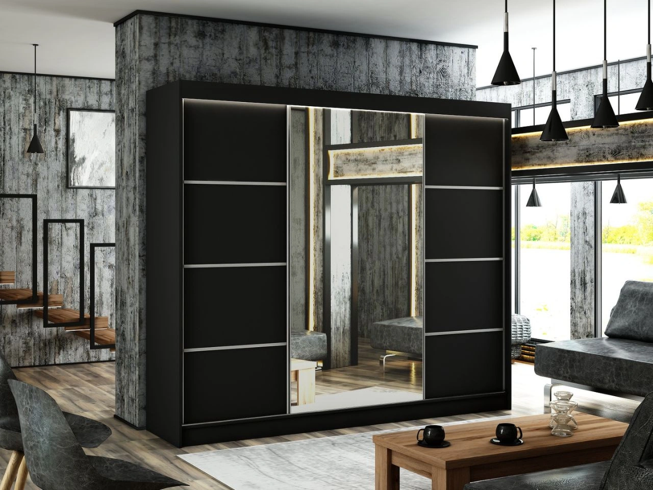 Schiebetürenschrank mit Spiegel 250 cm mit LED-Beleuchtung Portel Schwarz