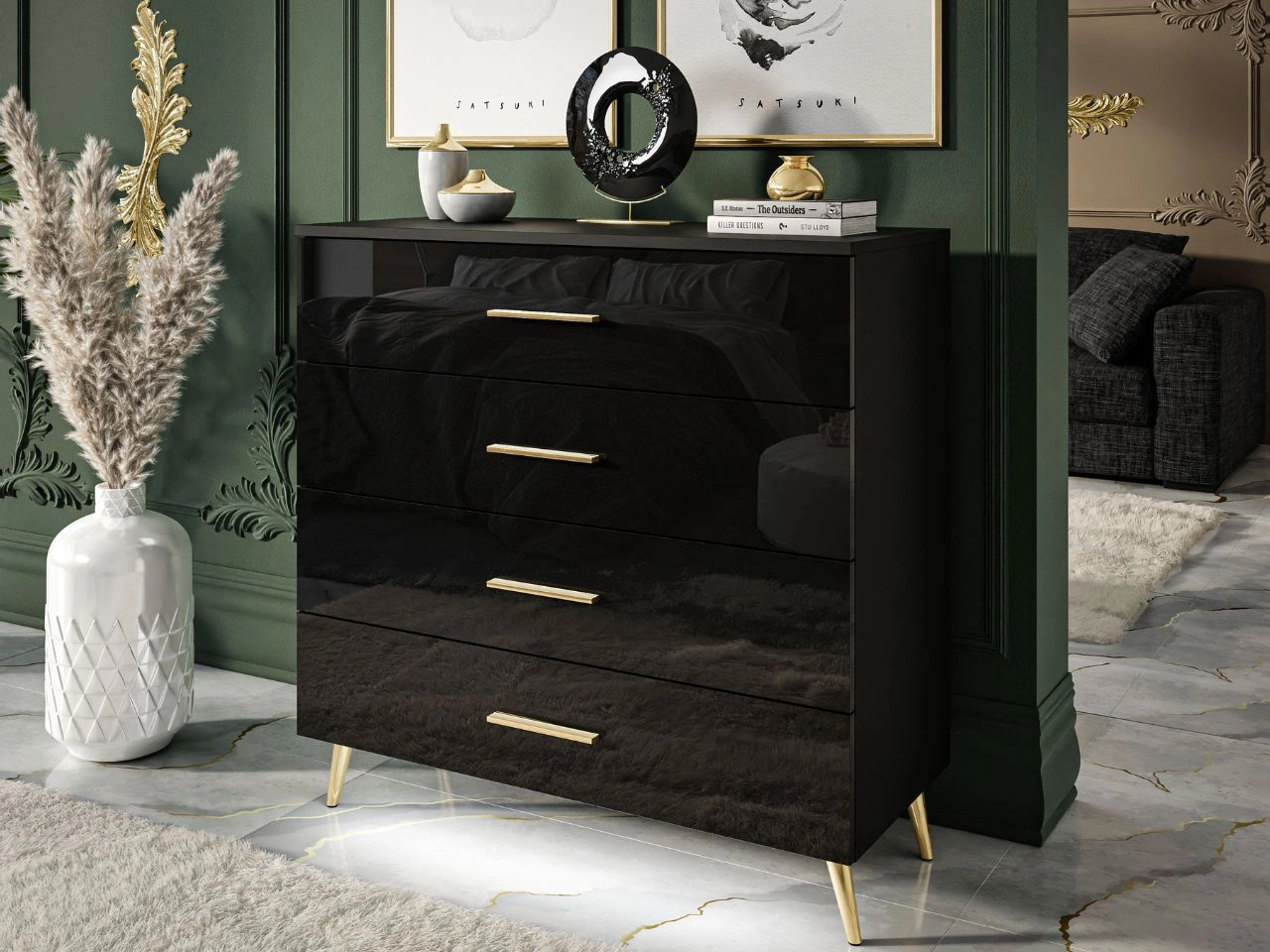 Kommode mit vier Schubladen und LED-Beleuchtung auf Goldenen Metallbeinen Nuveo Schwarz Hochglanz