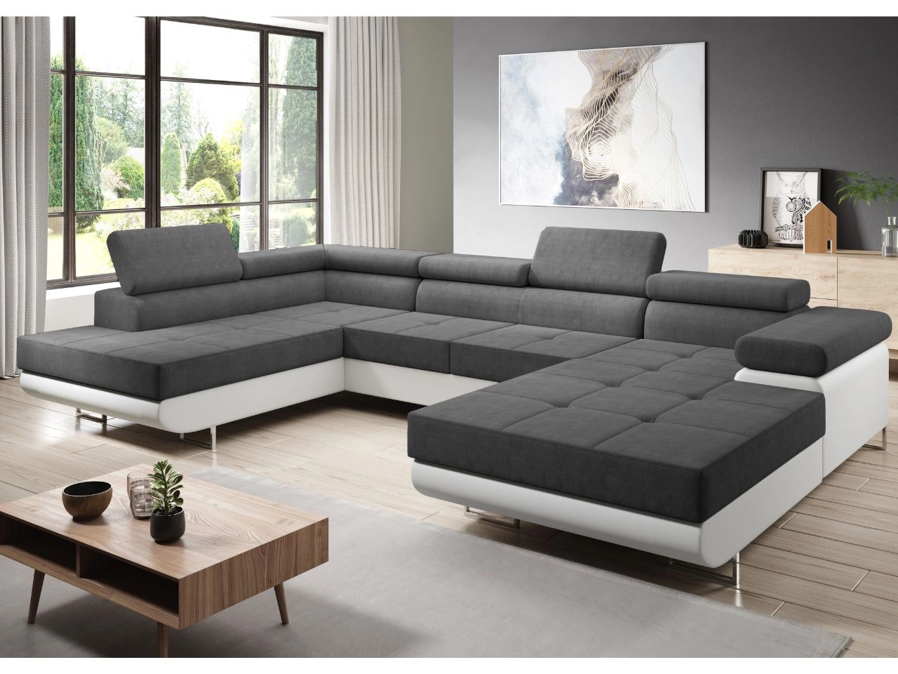 Wohnlandschaft Links mit Schlaffunktion und Bettkasten Solam U Graphit, Weiß