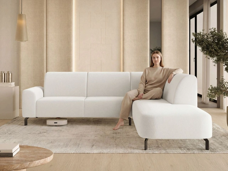 Ecksofa L-Form Rechts Regento Bouclé-Stoff Weiß