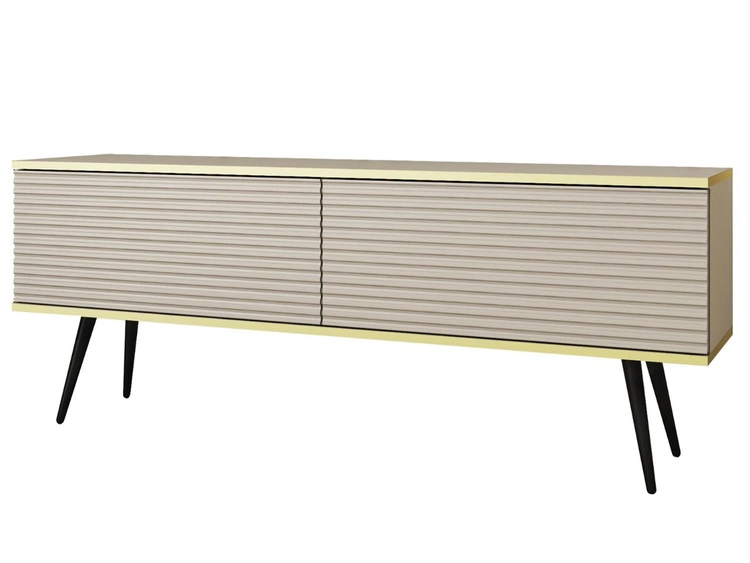 TV-Lowboard mit Türen 135 cm Diolo Beige mit geriffelter Vorderseit auf schwarzen Beinen