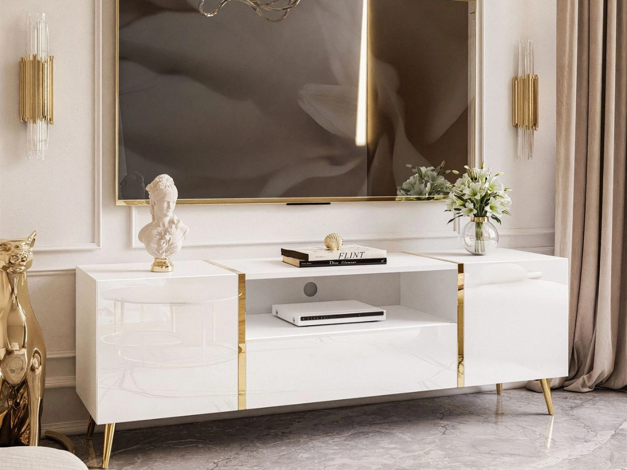TV-Schrank im Glamour-Stil mit Schränken und Schublade Lunelie Weiß Hochglanz