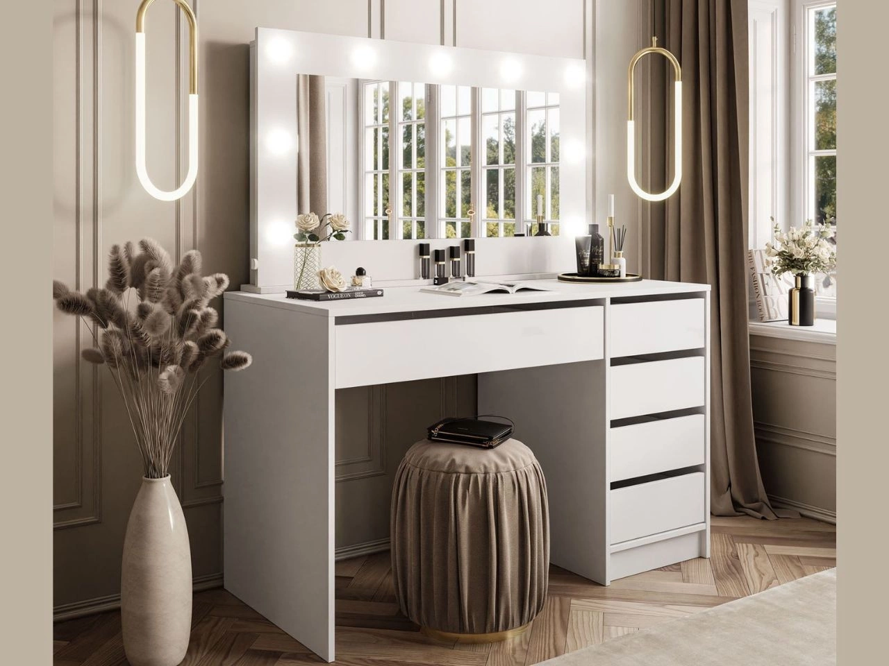 Schminktisch Glamour mit Spiegel, Schubladen und LED Melo Weiß Matt