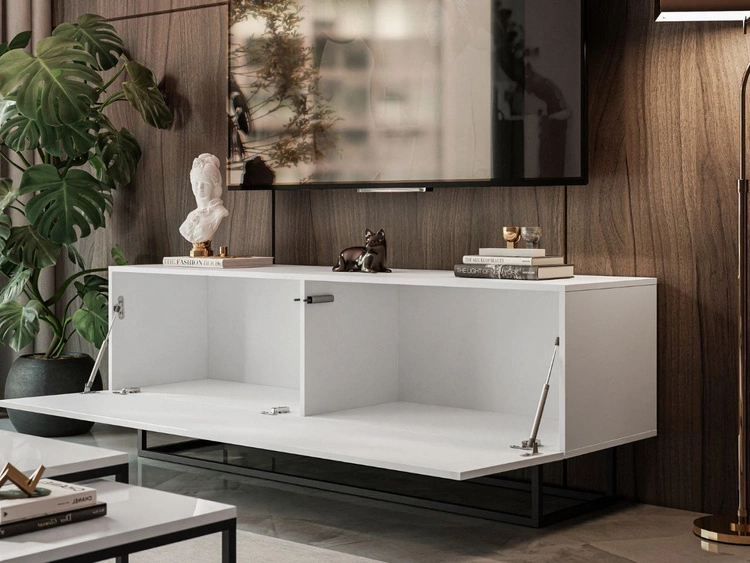 TV-Lowboard mit Türen auf Schwarzen Metallgestell150 cm Nodoo Weiß Hochglanz