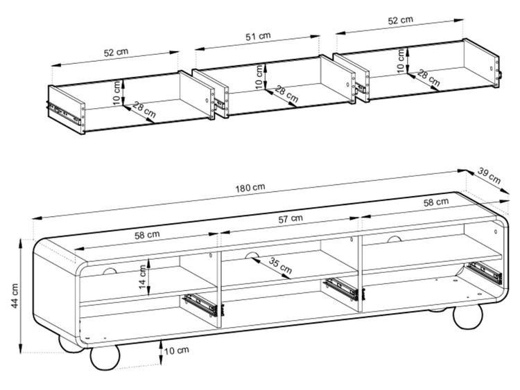 Fernsehschrank 180 mit Schubladen auf kugelförmigen Beinen Soffio Kaschmir