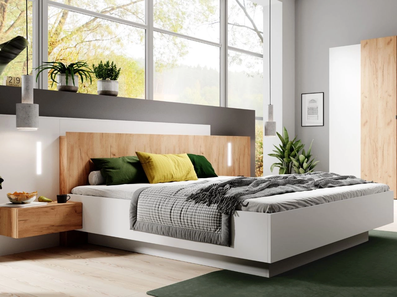 Holzbett mit Nachttischen Morten Weiß Goldene Craft Eiche