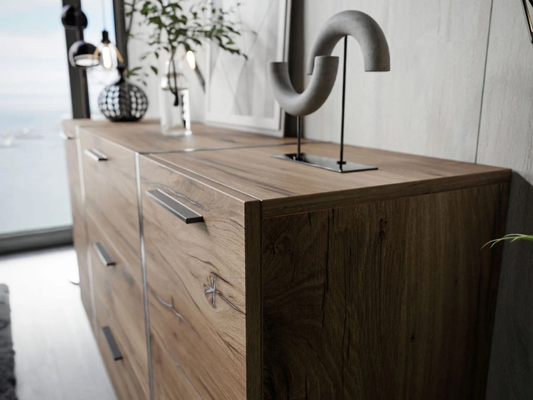 Zweitürige Kommode 158 cm mit drei Schubladen und schwarzen Griffen Lunelie Flagstaff-Eiche