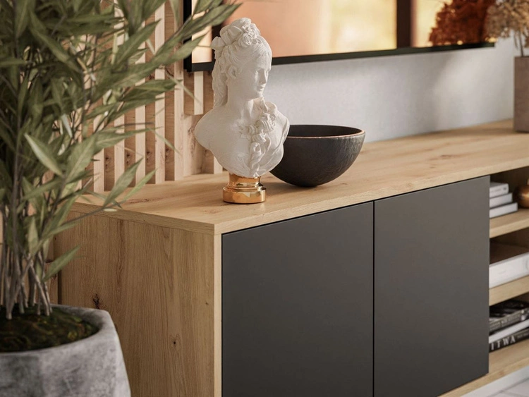 TV-Lowboard mit Türen auf weißem Gestell Vivance Schwarz und Artisan Eiche