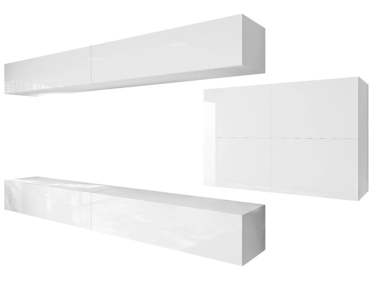 Hängende Wohnwand für das Wohnzimmer mit LED-Beleuchtung Nodoo Weiß Hochglanz