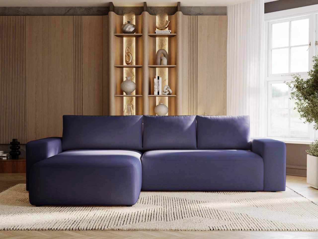 Ecksofa L-Form Links mit Schlaffunktion und Bettkasten Tazones Dunkelblau