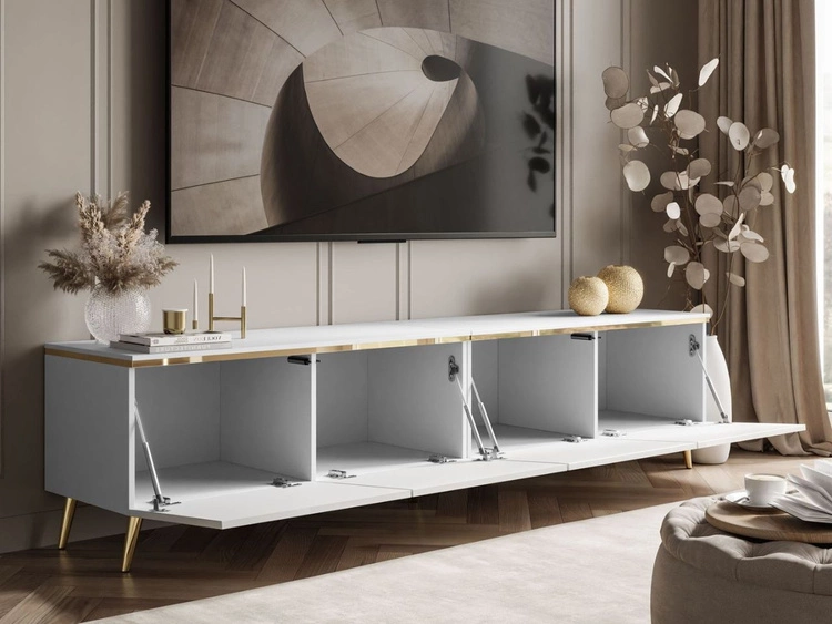 TV-Lowboard viertürig im Glamour-Stil mit LED-Beleuchtung Celle, Weiß Hochglanz
