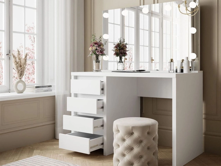 Schminktisch mit Spiegel, Schubladen und LED Nesso Weiß Matt