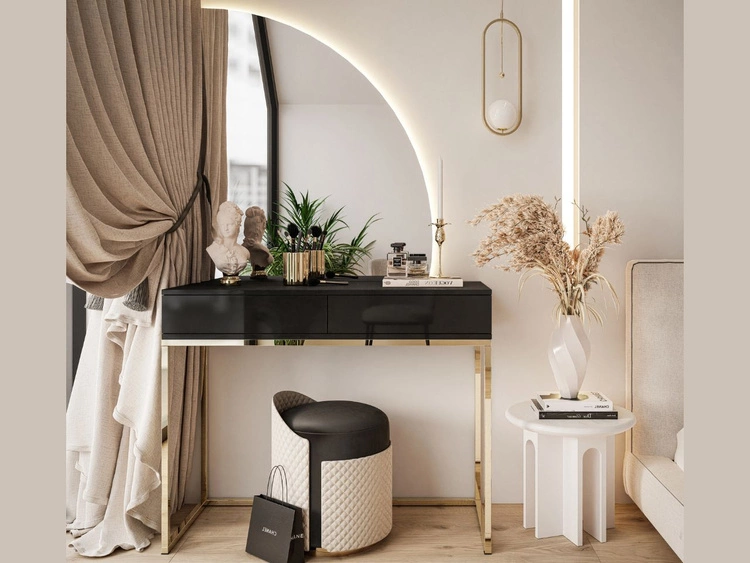 Kosmetiktisch rechtsseitig mit Schubladen und LED-Beleuchtung auf goldenen Beinen Clarette Schwarz Hochglanz