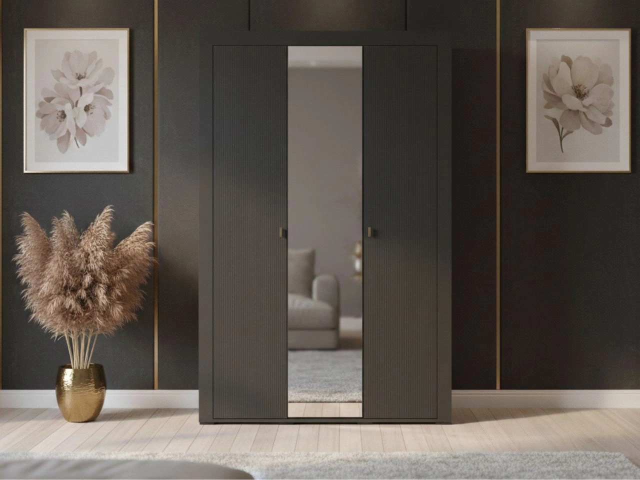 Kleiderschrank mit Drehtüren, Kleiderstange und Spiegel Messina Schwarz