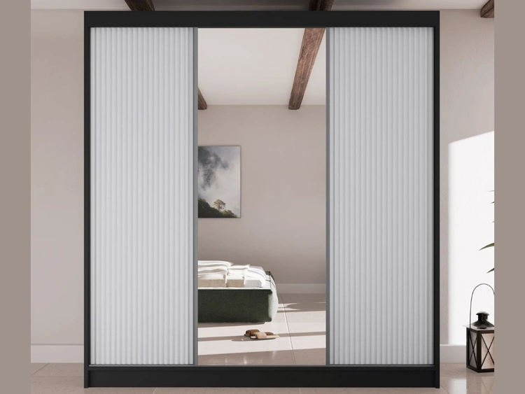 Schiebetürenschrank mit geriffelter Front und Spiegel 200 cm Rivas Schwarz, Weiß