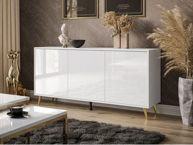 Dreitürige Kommode 154 cm Glamour-Stil auf goldfarbenen Metallbeinen Vivance Weißglanz