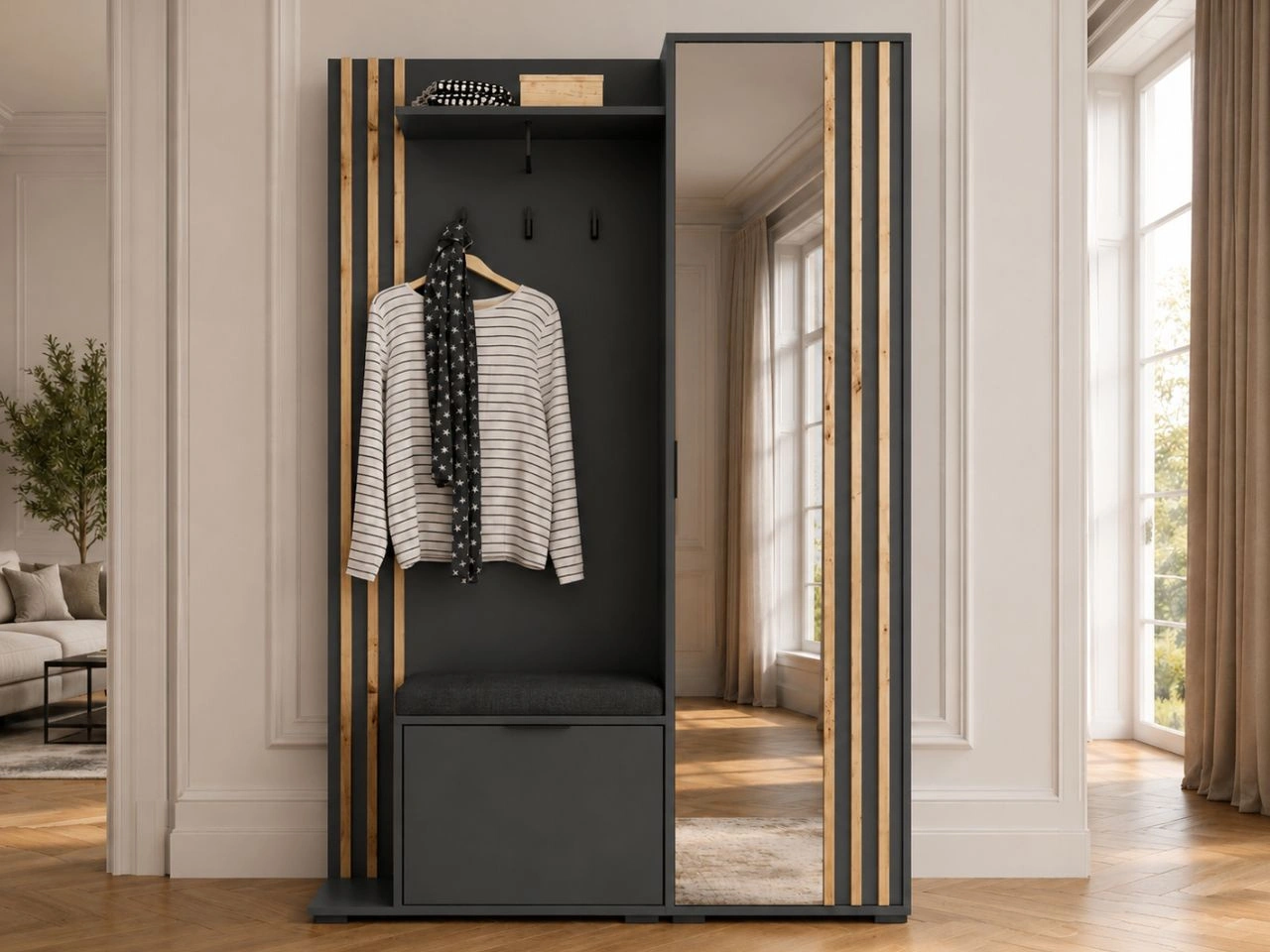 Garderobe mit Spiegel und Kleiderhaken Macron Graphit Artisan Eiche