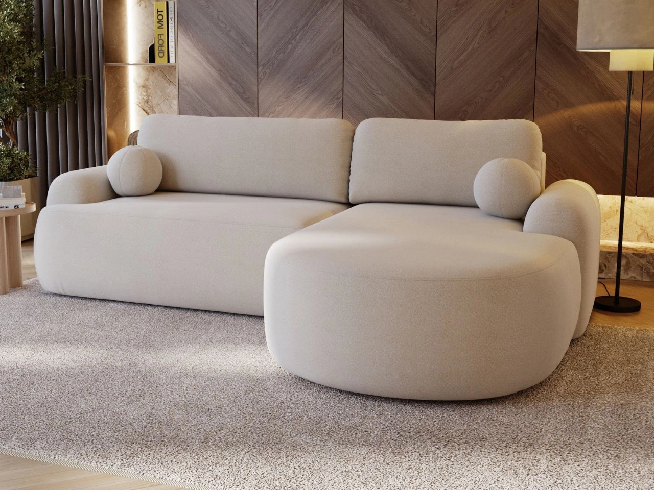 Ecksofa L-Form Rechts mit Schlaffunktion und Bettkasten Aurio Creme