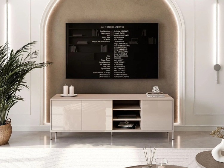 TV-Lowboard im Glamour-Stil mit Türen auf geraden silbernen Füßen Vivance, Kaschmir Hochglanz