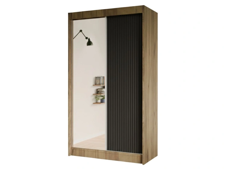 Schiebetürenschrank mit geriffelter Front und Spiegel 120 cm Fano Handwerk Goldene Eiche, Schwarz