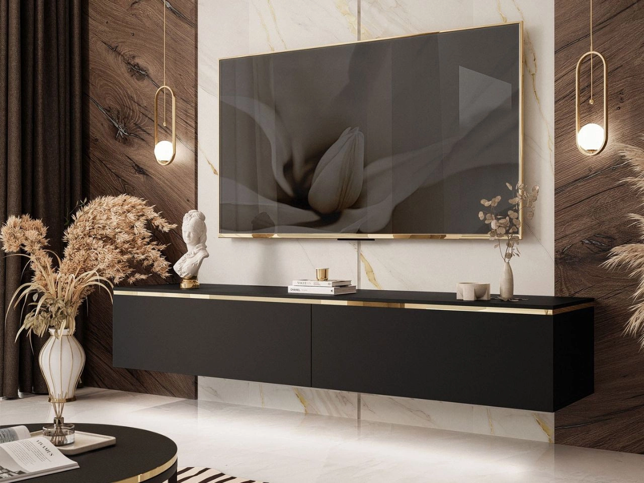 Hänge TV-Schrank 180 cm Glamour mit LED-Beleuchtung für Wohnzimmer Evare Schwarz matt