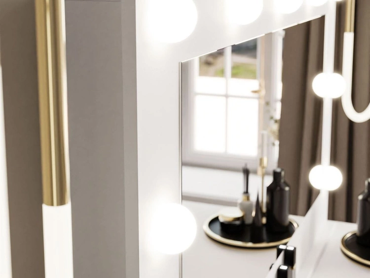 Schminktisch Glamour mit Spiegel, Schubladen und LED Melo Weiß Hochglanz