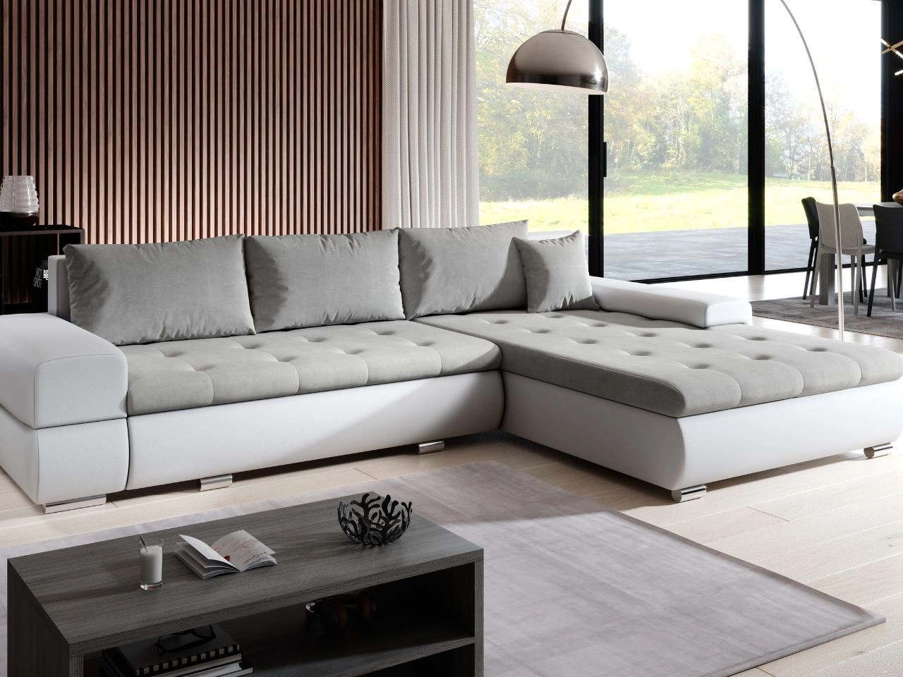 Ecksofa L-Form mit Schlaffunktion und Bettkasten Sonia Grau, Weiß
