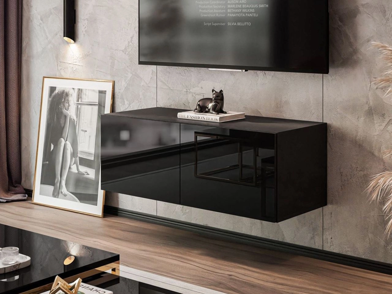 TV-Lowboard mit Türen 100 cm Nodoo Schwarz Hochglanz