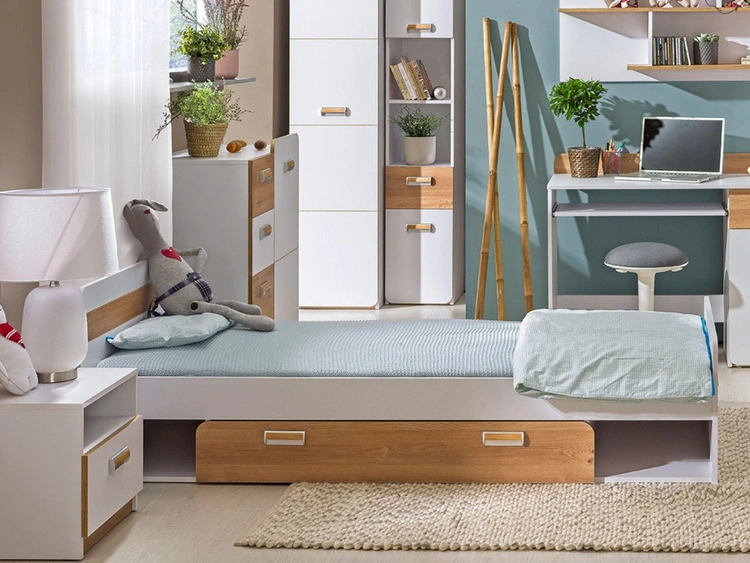 Einzelbett mit Schublade für ein Jugendzimmer Lindo Weiß, Nash Eiche