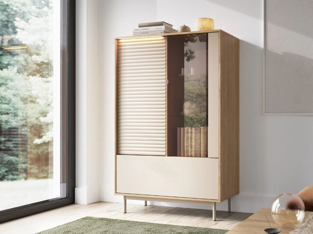 Standvitrine mit LED-Beleuchtung Rapallo Kaschmir, Eiche geölt
