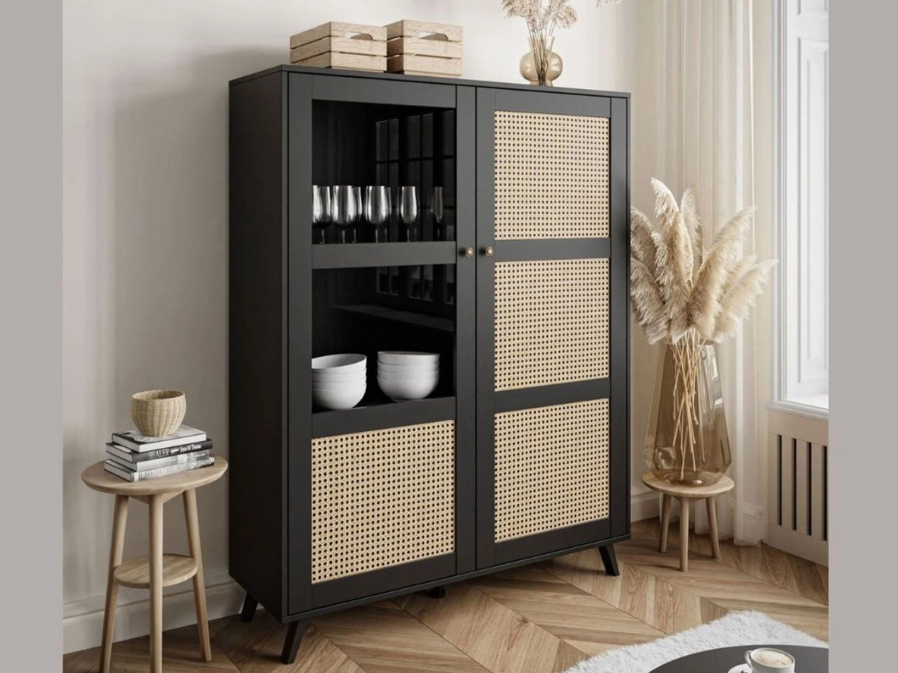Standvitrine im Boho-Stil Verglaste Bellance, schwarz