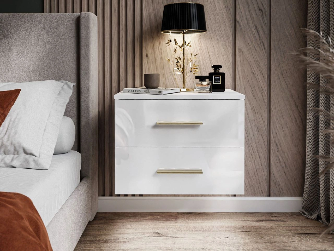 Hängender Nachttisch mit zwei Schubladen Nuveo Weiß Hochglanz