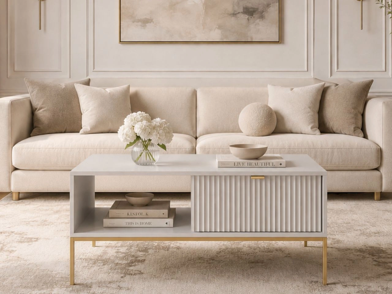 Couchtisch mit Stauraum Amber Grau auf goldenen Beinen