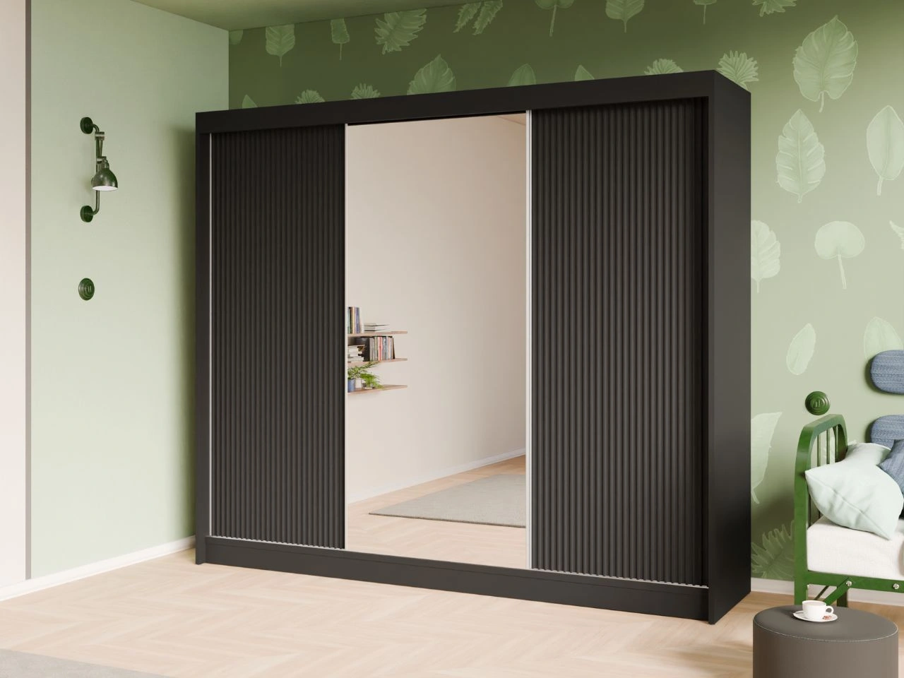 Schiebetürenschrank mit geriffelter Front und Spiegel 250 cm Fano Schwarz